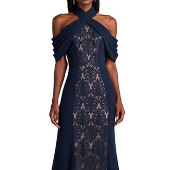 Tadashi Shoji Blue Nude Kato Embroidered Off-Shoulder Halter Gown - Picture 1 of 7